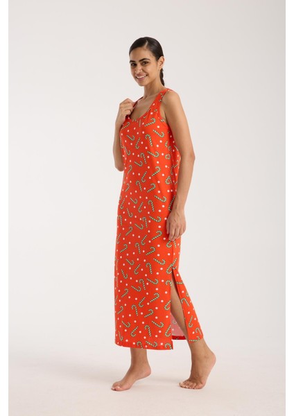 Kadın Kalın Askılı Yırtmaçlı Uzun Turuncu Gecelik