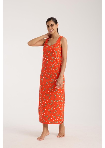 Kadın Kalın Askılı Yırtmaçlı Uzun Turuncu Gecelik fiyatları