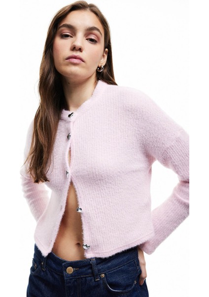 Uzun Kollu Bisiklet Yaka Pembe Kadın Hırka 6WAL90006IK