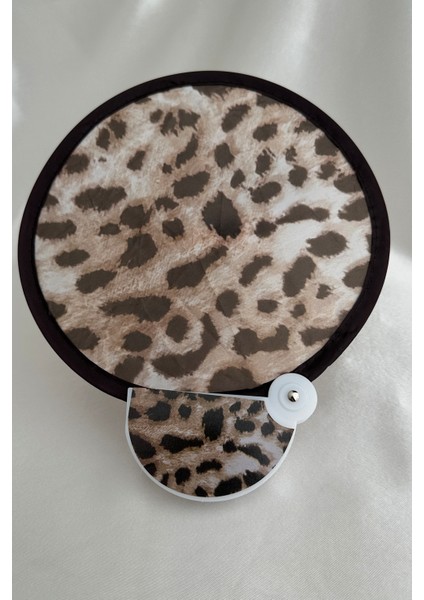 Kahverengi Leopar Desenli Aparatlı Çantalı Katlanabilir Tasarım Yuvarlak Yelpaze (21*21)