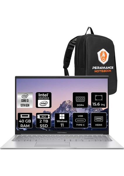 Vivobook 15 Intel Core I3 1315U 40GB 2tb SSD 15.6" Fhd W11H Taşınabilir Bilgisayar & Per4 Çanta X1504VANJ720P349