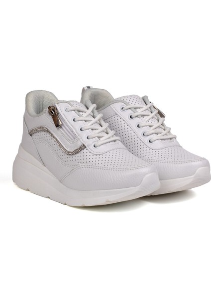 Kız Çocuk Beyaz Fermuarlı Bağcıklı Taşlı Sneaker Dolgu Taban Rahat Spor Ayakkabı