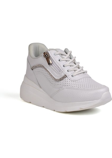 Kız Çocuk Beyaz Fermuarlı Bağcıklı Taşlı Sneaker Dolgu Taban Rahat Spor Ayakkabı modelleri