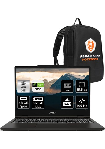 Msı Venturepro 15 Intel Core 7 240H 48GB 512GB SSD RTX5050/8GB 15.6" Fhd 144Hz Fdos Taşınabilir Bilgisayar & Per4 Çanta A2RWEG206XTRP327