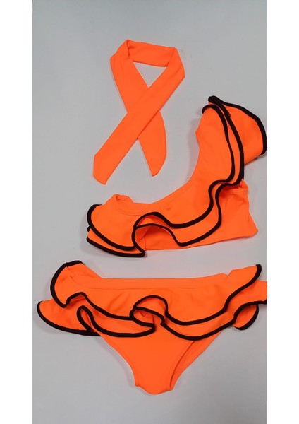 3 Parça Kız Çocuk Bandanalı Fırfırlı Bikini Mayo