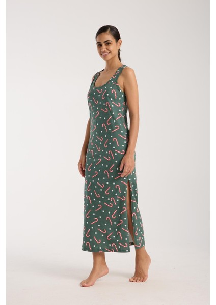 Kadın Kalın Askılı Yırtmaçlı Uzun Yeşil Gecelik