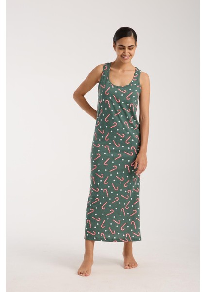 Kadın Kalın Askılı Yırtmaçlı Uzun Yeşil Gecelik modelleri