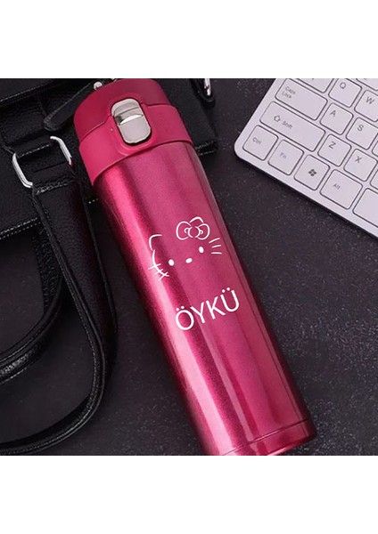 Kişiye Özel Lazer Baskılı 500ML Çelik Hello Kitty Baskılı Termos – Sızdırmaz, Vakumlu, Kilitli Kapak