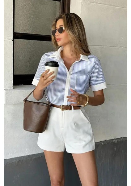 Beyaz Yüksek Bel Wed Leg Pileli Kadın Mini Şort MG2537 fiyatları