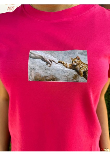 Michelangelo Cat / Kadın Pembe Renk T-Shirt