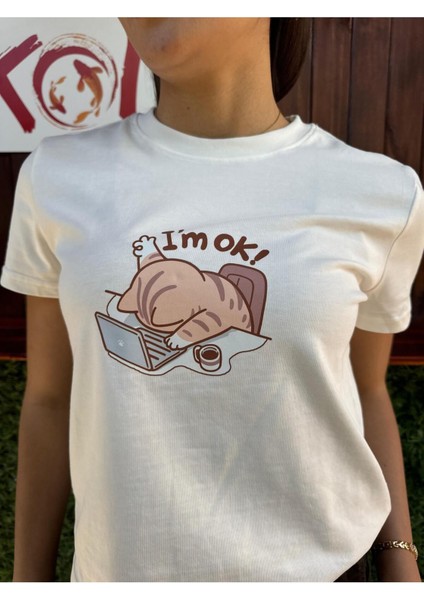 I'm Ok Cat / Kadın Ekru Renk T-Shirt fırsatları