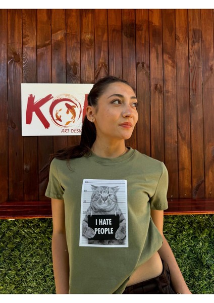 I Hate People Cat / Kadın Haki Renk T-Shirt