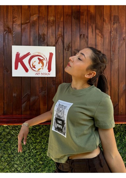 I Hate People Cat / Kadın Haki Renk T-Shirt modelleri