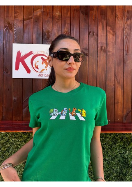 Pokemon Line / Kadın Yeşil Renk T-Shirt