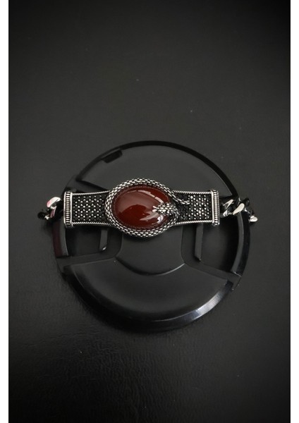 925 Ayar Gümüş Yılan Desenli Kahverengi Taşlı Model Erkek Bileklik