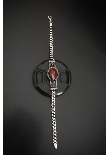 925 Ayar Gümüş Yılan Desenli Kahverengi Taşlı Model Erkek Bileklik fiyatları