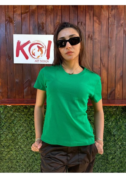 Basic Baskısız Düz Model / Kadın Yeşil Renk T-Shirt