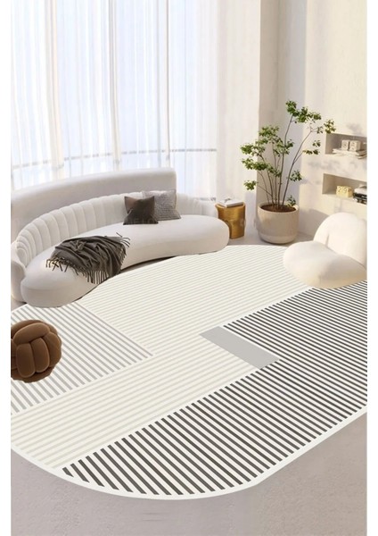 Dijital Kaymaz Yıkanabilir Çizgili Oval Gri Salon Halısı Mutfak Halısı Koridor Halısı Balkon Halısı DC-4287