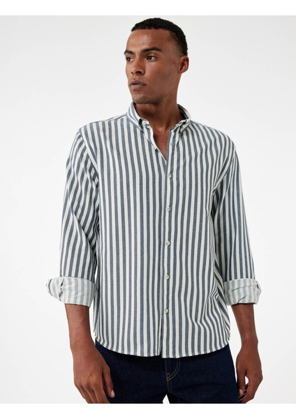 Regular Fit Düğmeli Klasik Mavi - Beyaz Erkek Gömlek 6WAM60104HW