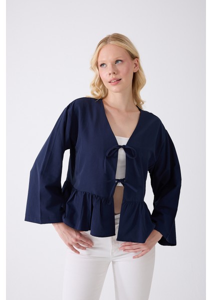 Önü Baglamalı Lacivert Fırfırlı Kimono