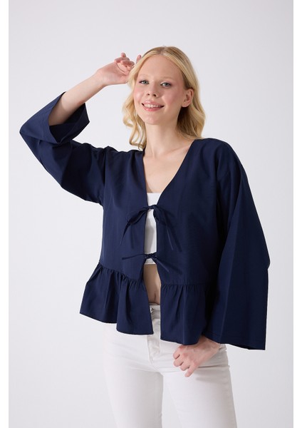 Önü Baglamalı Lacivert Fırfırlı Kimono modelleri