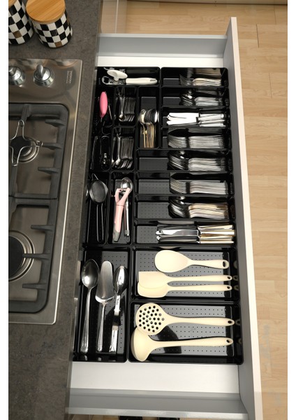 Parlak Siyah (Piano Black) 19'lu Set Modüler Çekmece Içi Kaşıklık Organizer Düzenleyici