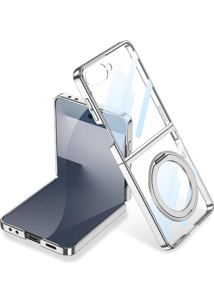 Galaxy Z Flip 7 Uyumlu Magsafe Kılıf Ön Ekran Koruyuculu Şeffaf Kapak Standlı Metalik Kenarlı