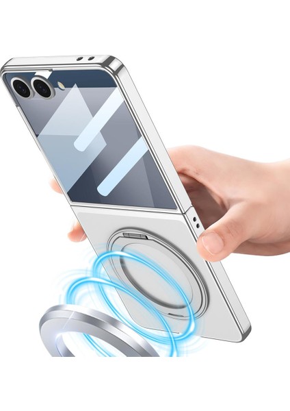 Galaxy Z Flip 7 Uyumlu Magsafe Kılıf Ön Ekran Koruyuculu Şeffaf Kapak Standlı Metalik Kenarlı modelleri