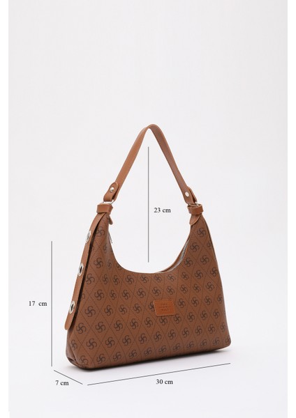 Monogram Baskılı Taba SHK82 Baget Model Tek Bölmeli Kadın Suni Deri Kol ve Omuz Çantası fiyatları