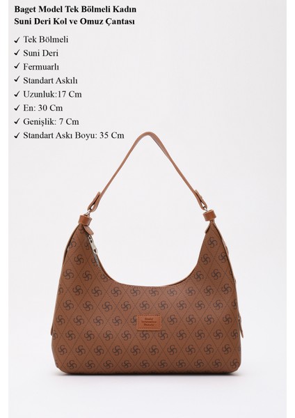 Monogram Baskılı Taba SHK82 Baget Model Tek Bölmeli Kadın Suni Deri Kol ve Omuz Çantası modelleri