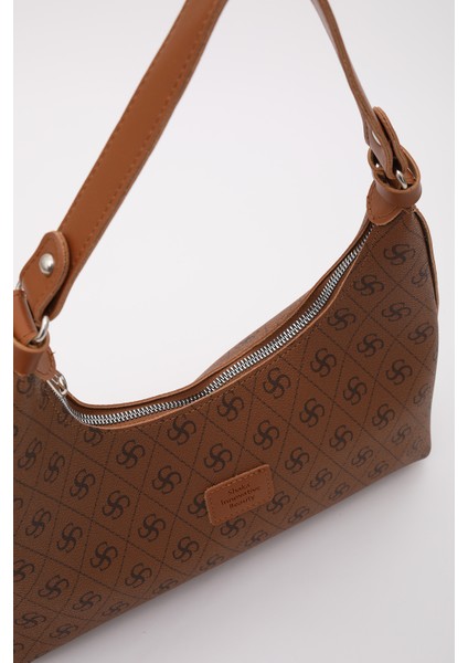 Monogram Baskılı Taba SHK82 Baget Model Tek Bölmeli Kadın Suni Deri Kol ve Omuz Çantası indirimleri