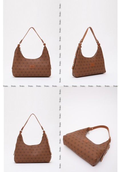 Monogram Baskılı Taba SHK82 Baget Model Tek Bölmeli Kadın Suni Deri Kol ve Omuz Çantası