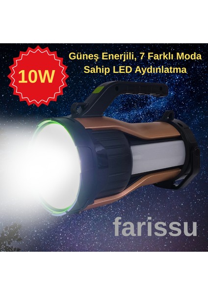 Güneş Enerjili, 7 Farklı Moda Sahip 10W LED Aydınlatma Solar Panelli Acil Durum El Feneri