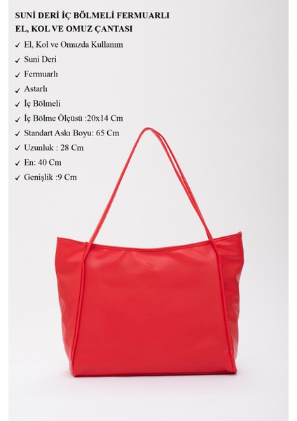 Kırmızı SHK90 Suni Deri Iç Bölmeli Fermuarlı El, Kol ve Omuz Shopper Çanta modelleri