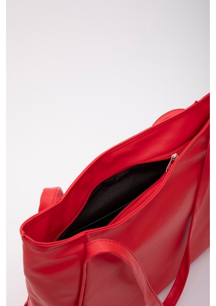 Kırmızı SHK90 Suni Deri Iç Bölmeli Fermuarlı El, Kol ve Omuz Shopper Çanta