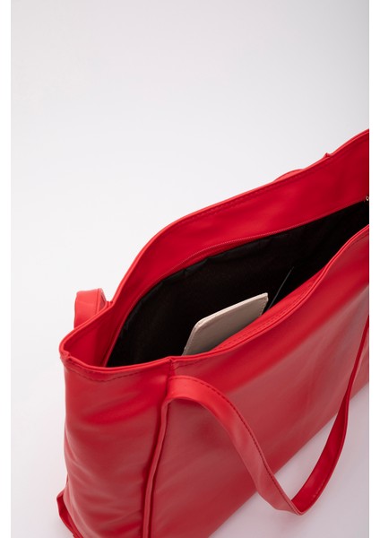 Kırmızı SHK90 Suni Deri Iç Bölmeli Fermuarlı El, Kol ve Omuz Shopper Çanta