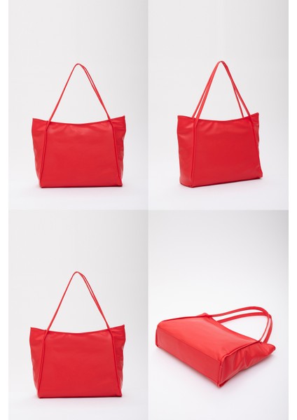 Kırmızı SHK90 Suni Deri Iç Bölmeli Fermuarlı El, Kol ve Omuz Shopper Çanta