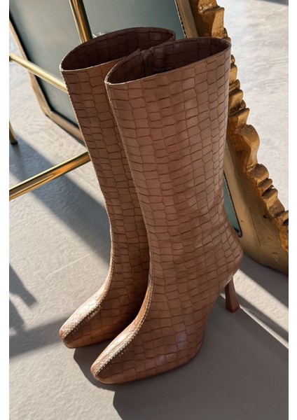 Jorani Mat Deri Desenli Nude Yüksek Topuklu Çizme modelleri