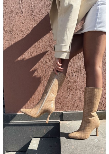 Jorani Mat Deri Desenli Nude Yüksek Topuklu Çizme fırsatları