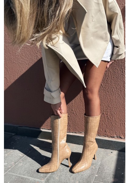 Jorani Mat Deri Desenli Nude Yüksek Topuklu Çizme indirimleri