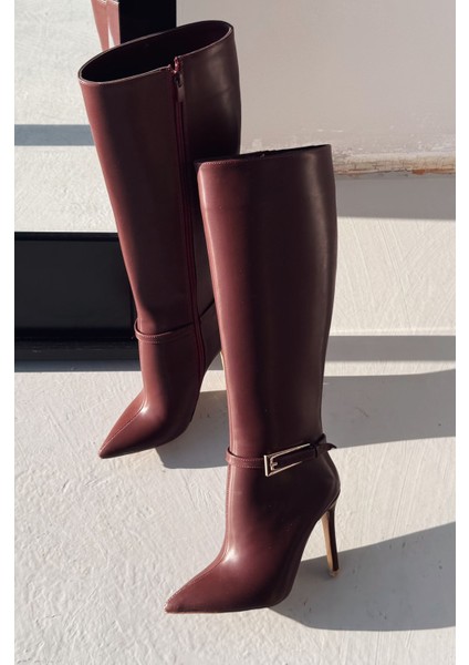 Eswod Mat Deri Toka Detaylı Bordo Kadın Çizme