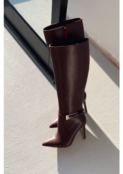 Eswod Mat Deri Toka Detaylı Bordo Kadın Çizme modelleri