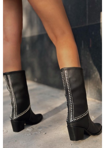 Madoks Mat Deri Troklu Siyah Kadın Çizme