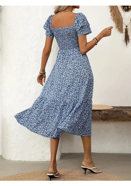 Kadın Kısa Kollu Gipe Detaylı Desenli Midi Süprem Elbise modelleri