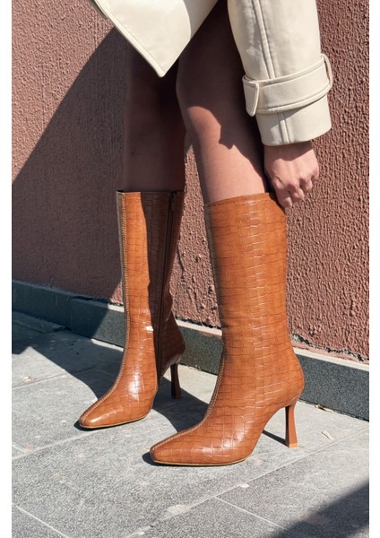 Jorani Mat Deri Desenli Taba Yüksek Topuklu Çizme