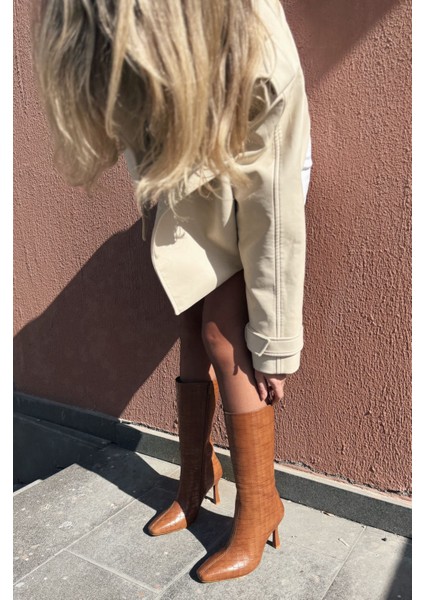 Jorani Mat Deri Desenli Taba Yüksek Topuklu Çizme fiyatları