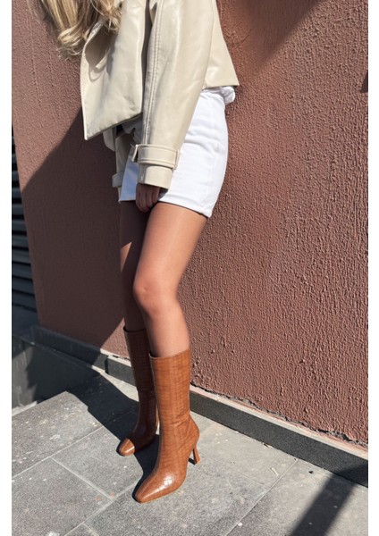 Jorani Mat Deri Desenli Taba Yüksek Topuklu Çizme modelleri