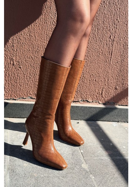 Jorani Mat Deri Desenli Taba Yüksek Topuklu Çizme fırsatları