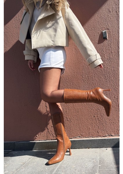 Jorani Mat Deri Desenli Taba Yüksek Topuklu Çizme indirimleri