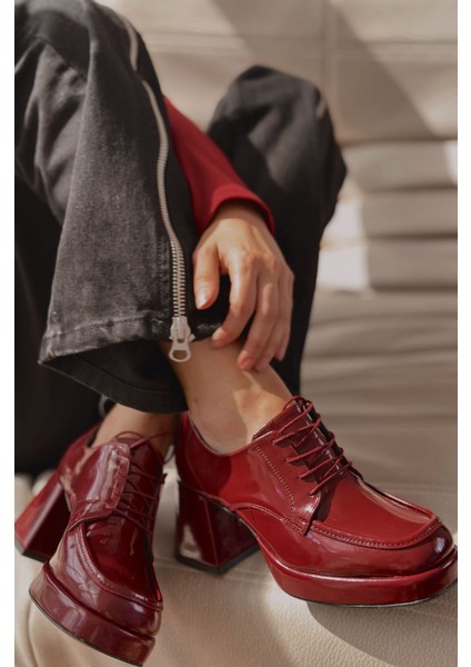 Monela Rugan Bağcık Detaylı Platform Topuklu Ayakkabı Bordo modelleri